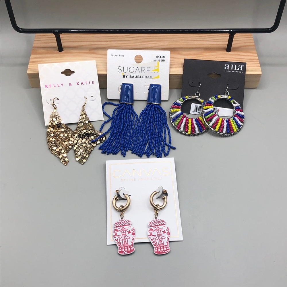 Curated bundle 4 boho + statement long dangle drop earrings beaded hoop mesh NEW